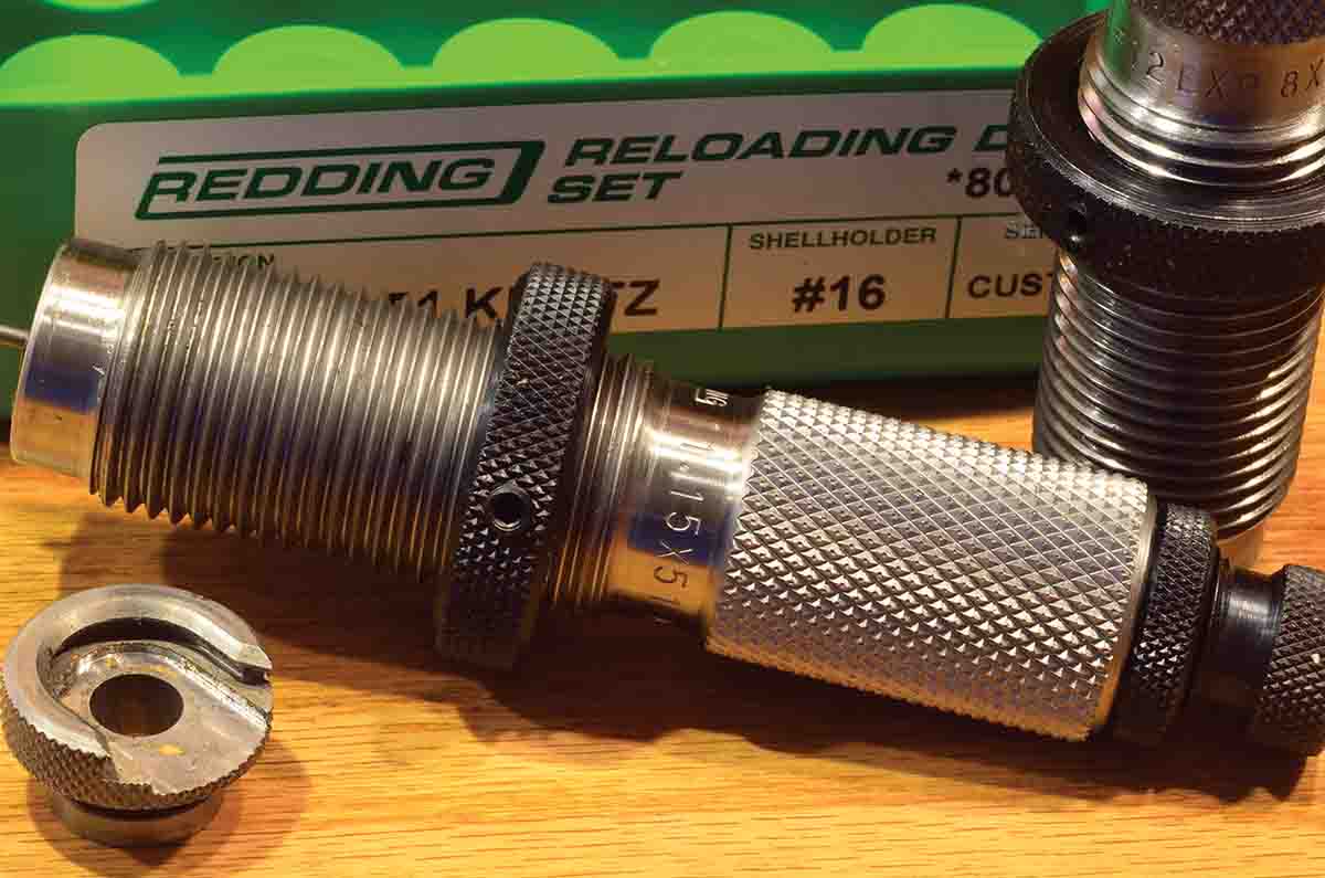 Redding’s custom dies for Terry’s oddball creation. A custom shell holder was needed because the convex, rimmed Type-A base of the .43 Mauser will not fit any standard one.
